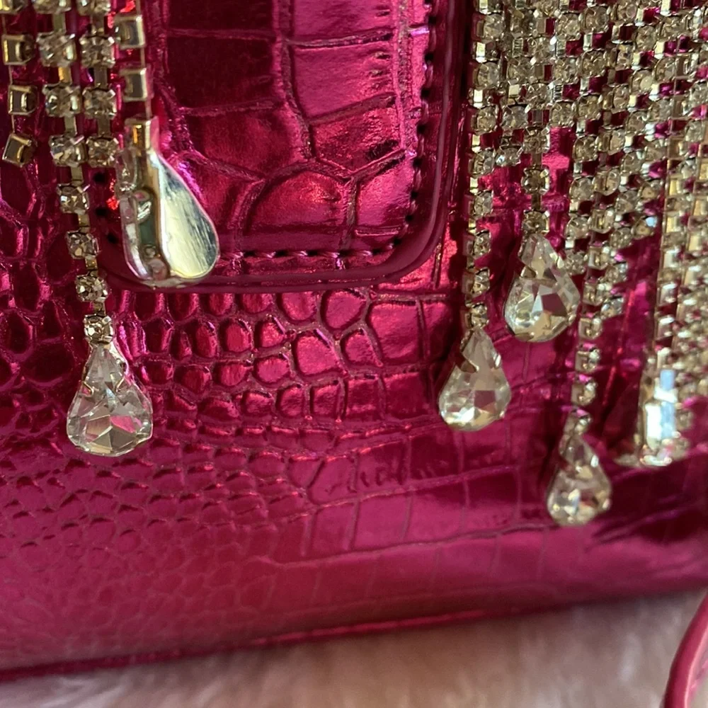 NWOT Adorably Chic Hot Pink Faux Croco Leather with dangling Rhinestones Bag - Picture 16 of 16